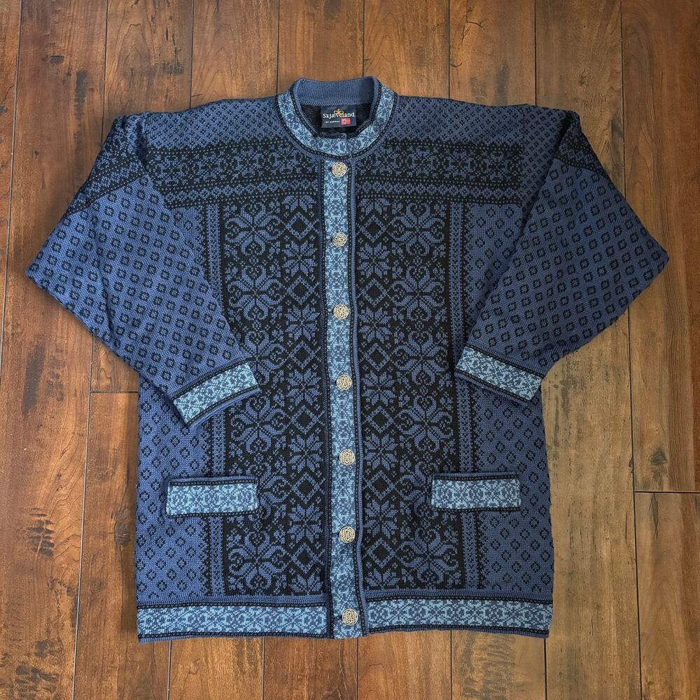Vintage Skjaeveland Wool Cardigan Sweater Unisex XL Blue Norwegian Telemark